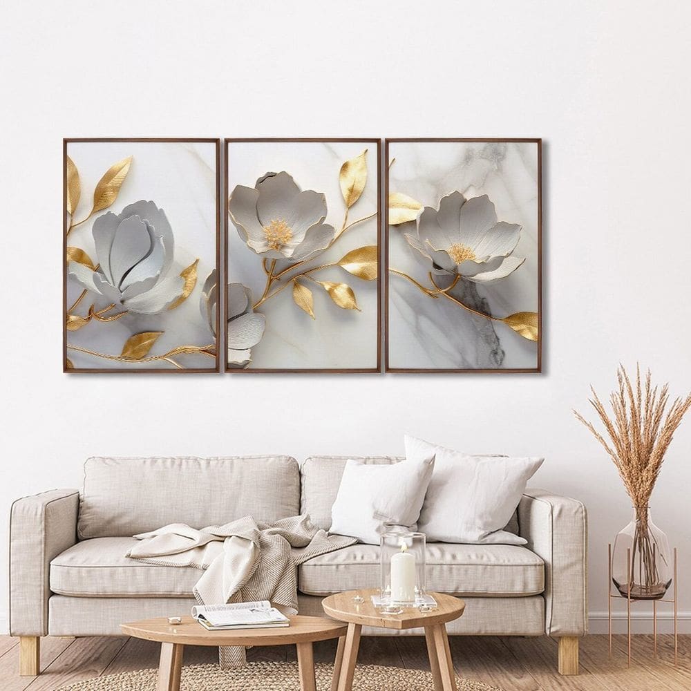Quadro Decorativo Floral Delicado Branco e Dourado 3 Telas de Parede para Sala Quarto Escritório 60c Marrom