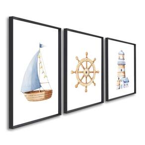 Quadro Decorativo Mar de Aventuras Infantil com Navio e Farol com 3 Telas de Parede para Quarto Sala Preto