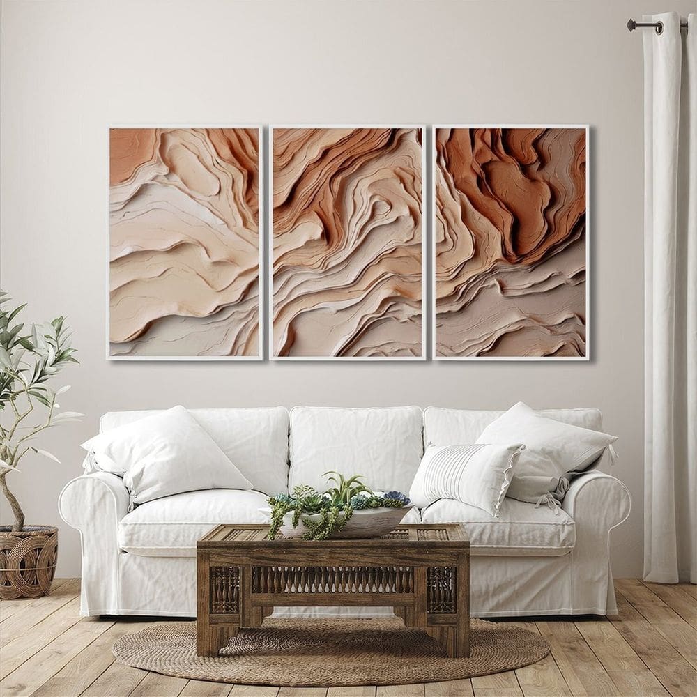 Quadro Decorativo Modelo Barro com 3 Telas para Sala, Casa de Praia, Lavabo 60cm X 90cm Branco