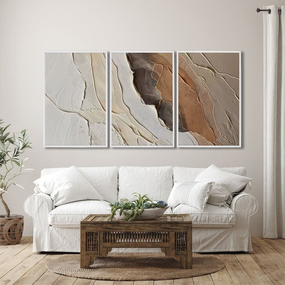 Quadro Decorativo Modelo Rocha com 3 Telas para Sala, Casa de Praia, Lavabo 60cm X 90cm Branco