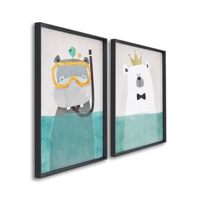 Quadro Decorativo Diversão no Fundo do Mar Infantil com 2 Telas de Parede para Quarto Sala Brinquedo Preto
