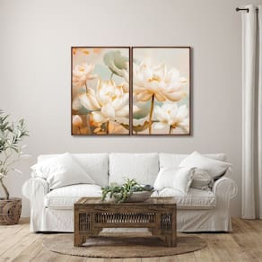 Quadro Decorativo Floral Flor de Lótus com 2 Telas de Parede para Sala Quarto Escritório 60cm X 90cm Preto