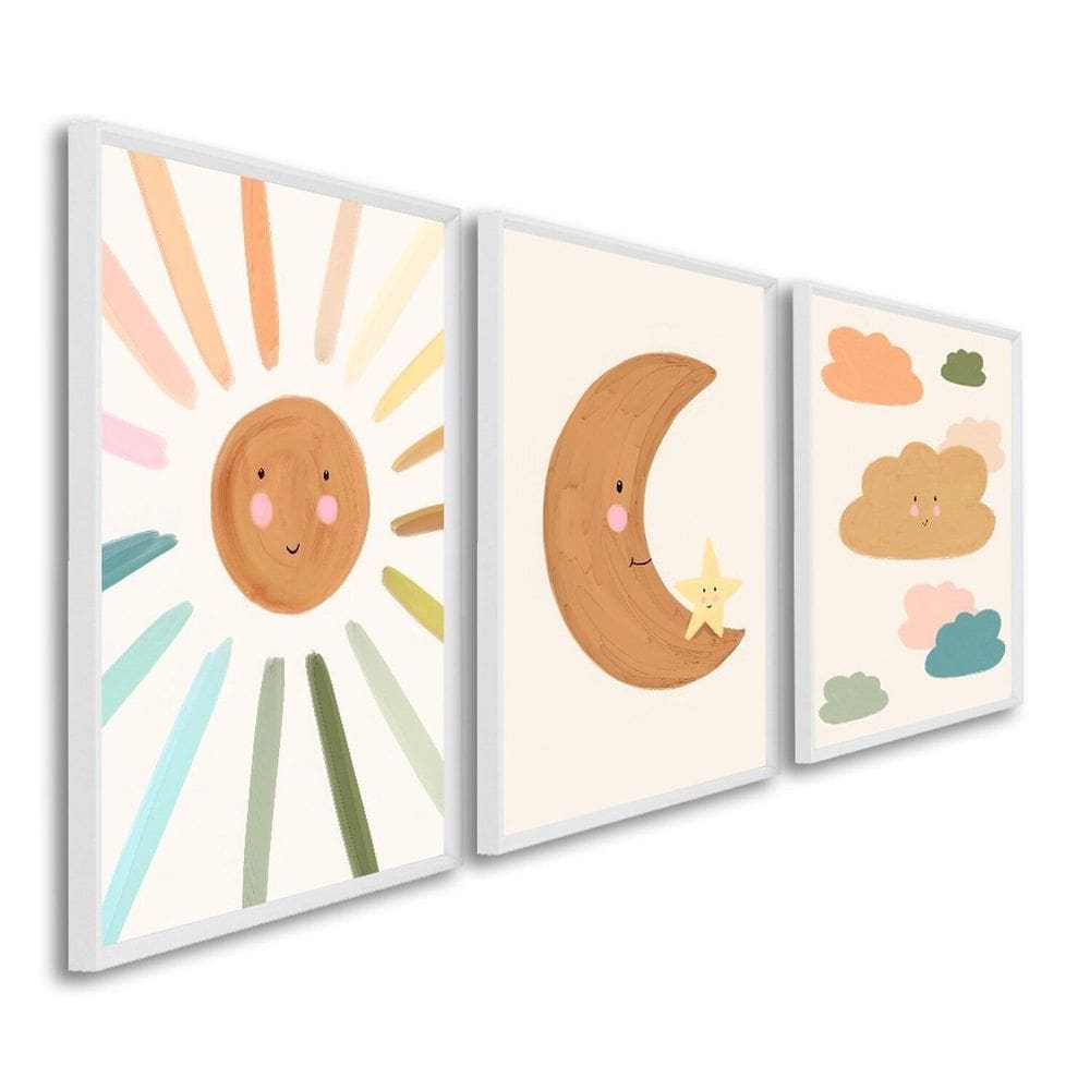 Quadro Decorativo Infantil Sol Lua e Nuvens com 3 Telas de Parede para Quarto Sala Brinquedoteca 60c Branco