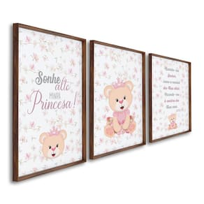 Quadro Infantil Decorativo Sonhe Alto Princesa com 3 Telas de Parede para Quarto Sala Brinquedoteca Marrom