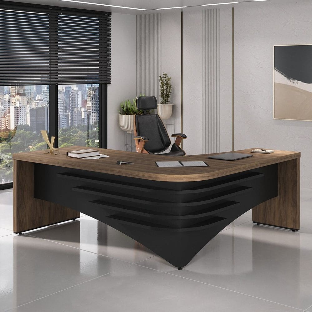 Mesa para Escritório Diretor em L em Tamburato Preto