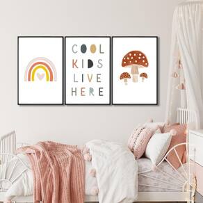 Quadro Decorativo Infantil Crianças Sol e Arco Íris com 3 Telas de Parede para Quarto Sala Brinquedo Preto