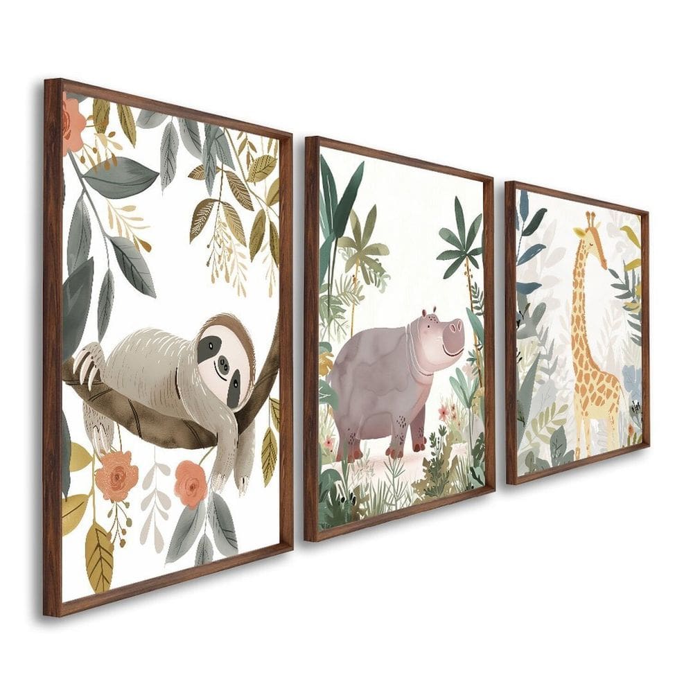 Quadro Infantil Decorativo Diversão na Selva com 3 Telas Cm de Parede para Quarto Sala Brinquedoteca Marrom