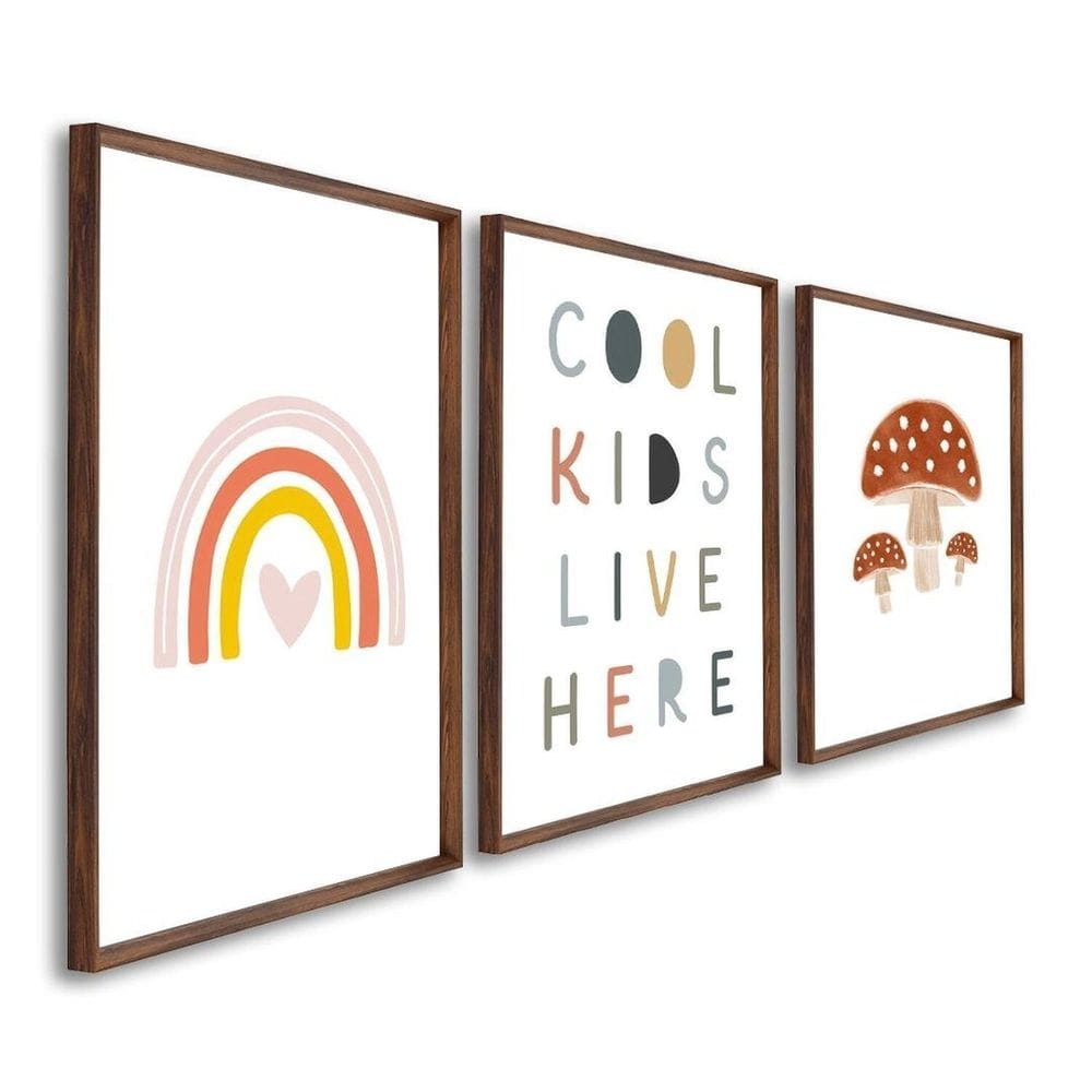 Quadro Decorativo Infantil Crianças Sol e Arco Íris com 3 Telas Cm de Parede para Quarto Sala Brinqu Marrom