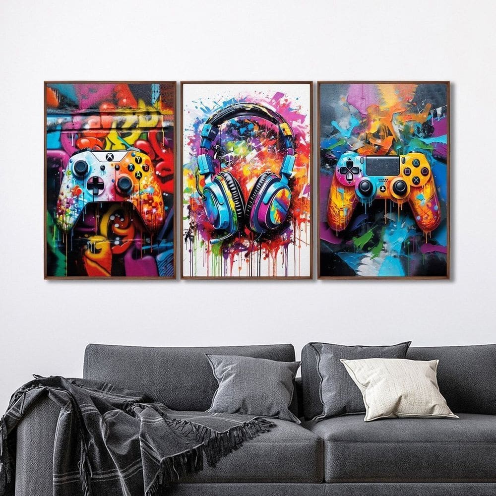 Quadro Decorativo Vídeo Game Modelo Gamer com 3 Telas de Parede para Sala Quarto Escritório 60cm X 9 Marrom