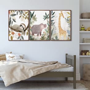 Quadro Infantil Decorativo Diversão na Selva com 3 Telas Cm de Parede para Quarto Sala Brinquedoteca Marrom