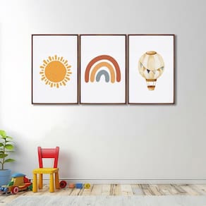 Quadro Decorativo Infantil Sol Balão e Arco Íris com 3 Telas Cm de Parede para Quarto Sala Brinquedo Marrom