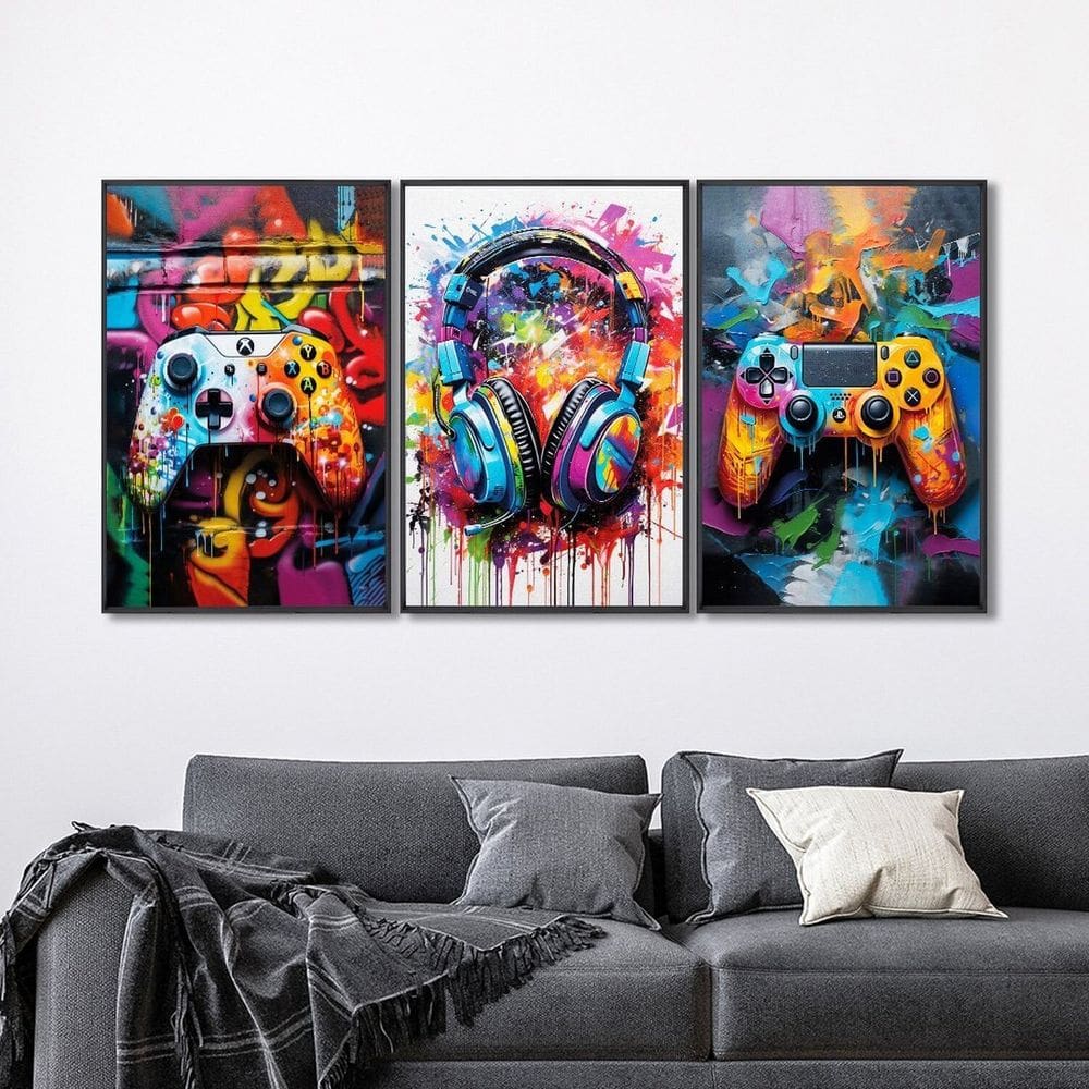 Quadro Decorativo Vídeo Game Modelo Gamer com 3 Telas de Parede para Sala Quarto Escritório 60cm X 9 Preto