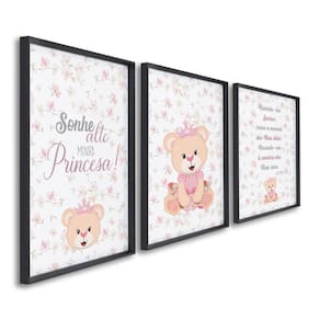 Quadro Infantil Decorativo Sonhe Alto Princesa com 3 Telas de Parede para Quarto Sala Brinquedoteca Preto