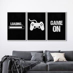 Quadro Decorativo Game On com 3 Telas de Parede para Sala Quarto Escritório 60cm X 90cm Branco