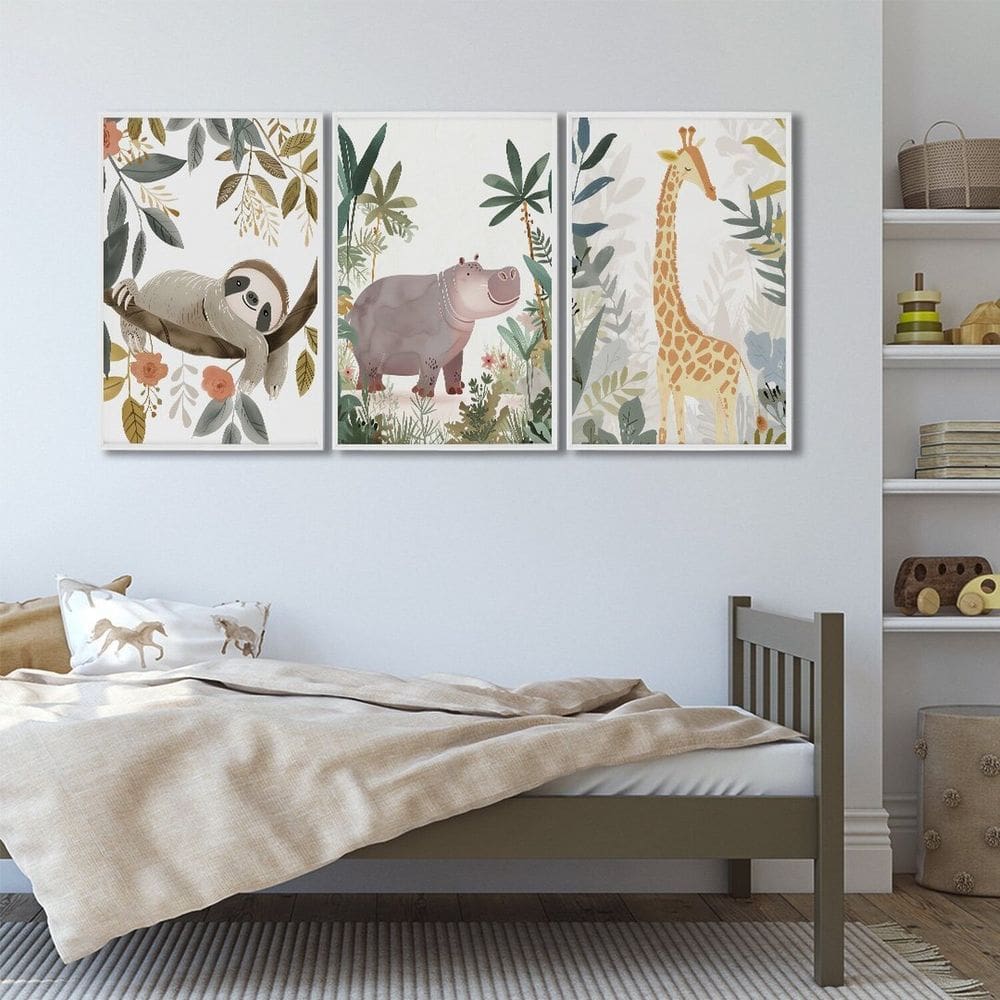 Quadro Infantil Decorativo Diversão na Selva com 3 Telas Cm de Parede para Quarto Sala Brinquedoteca Branco