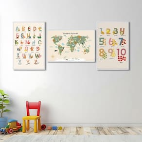 Quadro Decorativo Infantil Conjunto Didático Alfabeto e Mapa Mundi com 3 Telas de Parede para Quarto Branco