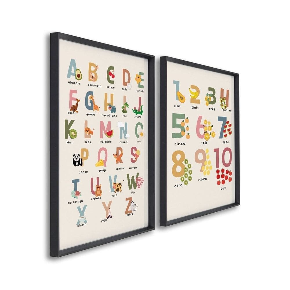 Quadro Decorativo Alfabeto Didático Infantil com 2 Telas de Parede para Quarto Sala Brinquedoteca 60 Preto