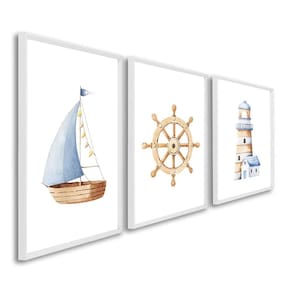 Quadro Decorativo Mar de Aventuras Infantil com Navio e Farol com 3 Telas de Parede para Quarto Sala Branco