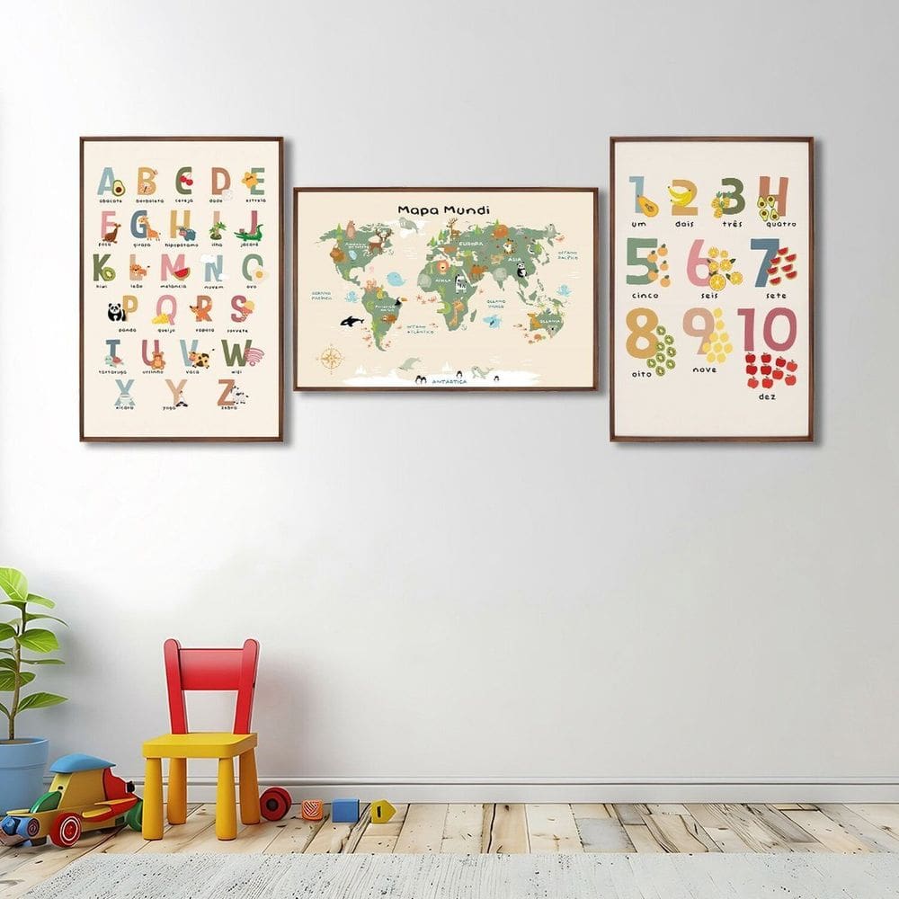 Quadro Decorativo Infantil Conjunto Didático Alfabeto e Mapa Mundi com 3 Telas de Parede para Quarto Marrom