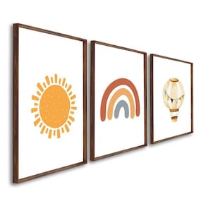Quadro Decorativo Infantil Sol Balão e Arco Íris com 3 Telas Cm de Parede para Quarto Sala Brinquedo Marrom