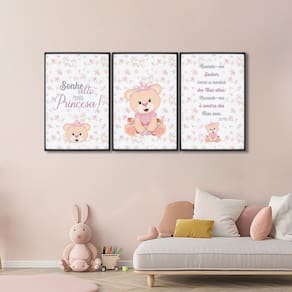 Quadro Infantil Decorativo Sonhe Alto Princesa com 3 Telas de Parede para Quarto Sala Brinquedoteca Preto