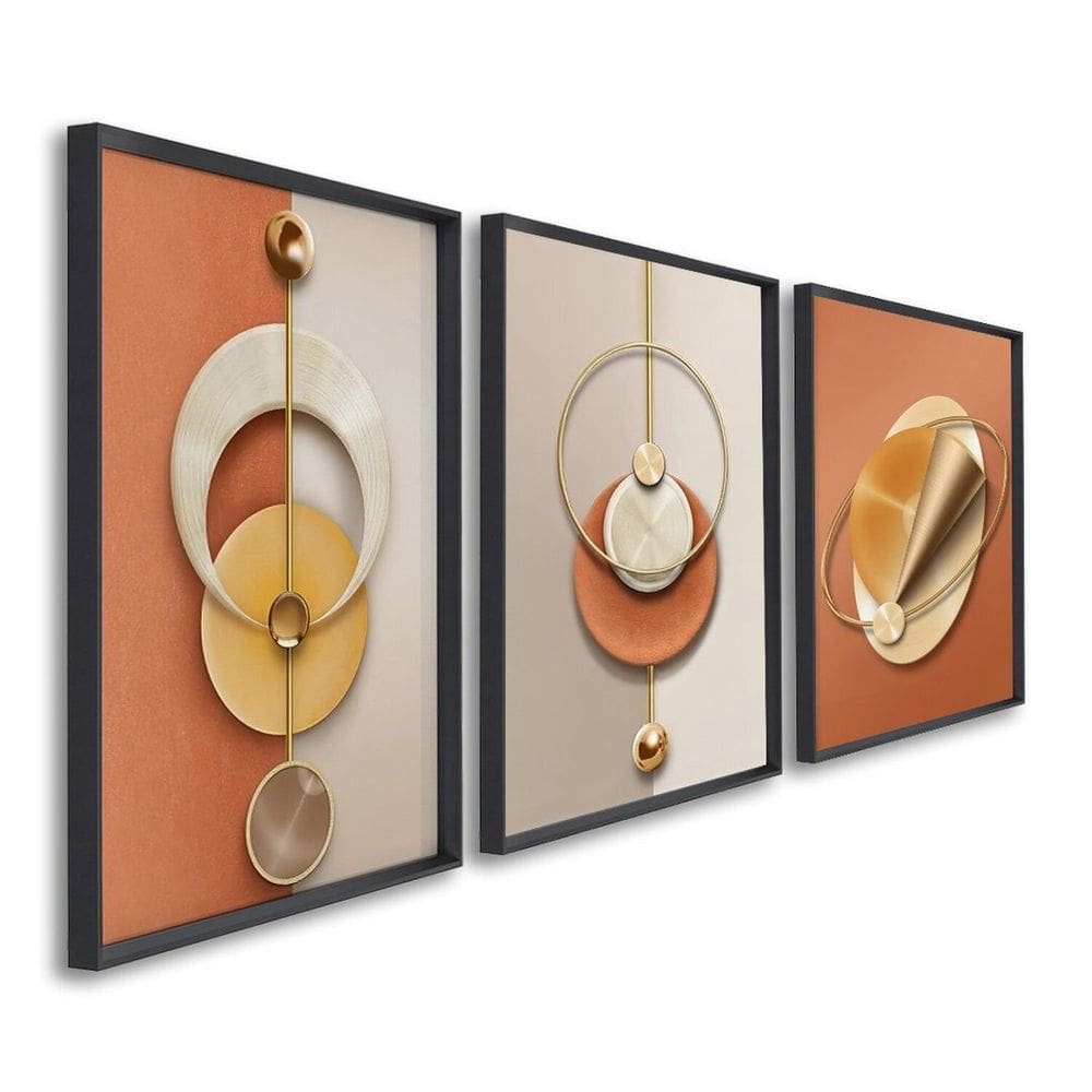 Quadro Decorativo Geométrico Laranja com 3 Telas de Parede para Sala Quarto Escritório 60cm X 90cm Preto