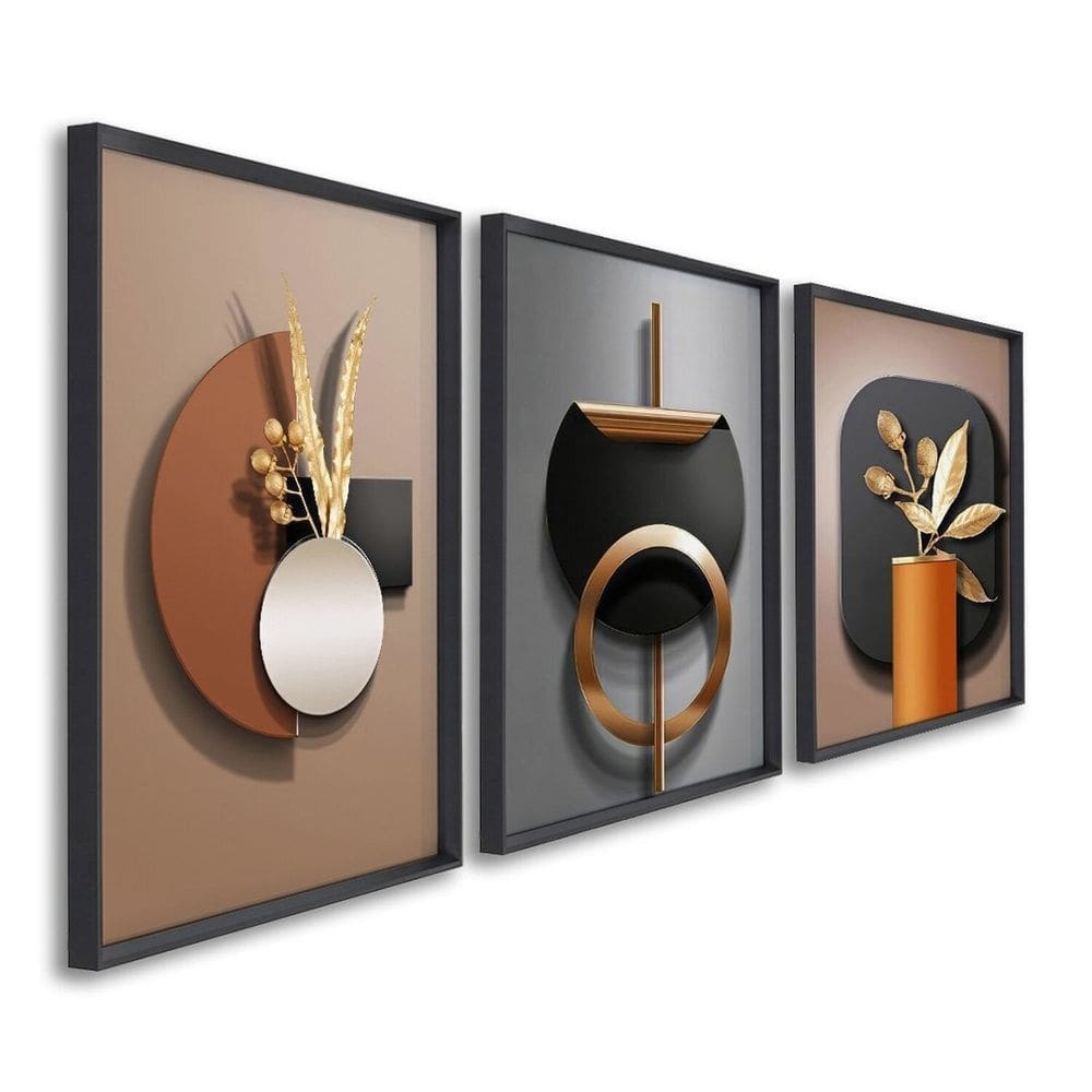 Quadro Decorativo Geométrico Abstrato Marrom com 3 Telas de Parede para Sala Quarto Escritório 60cm Preto