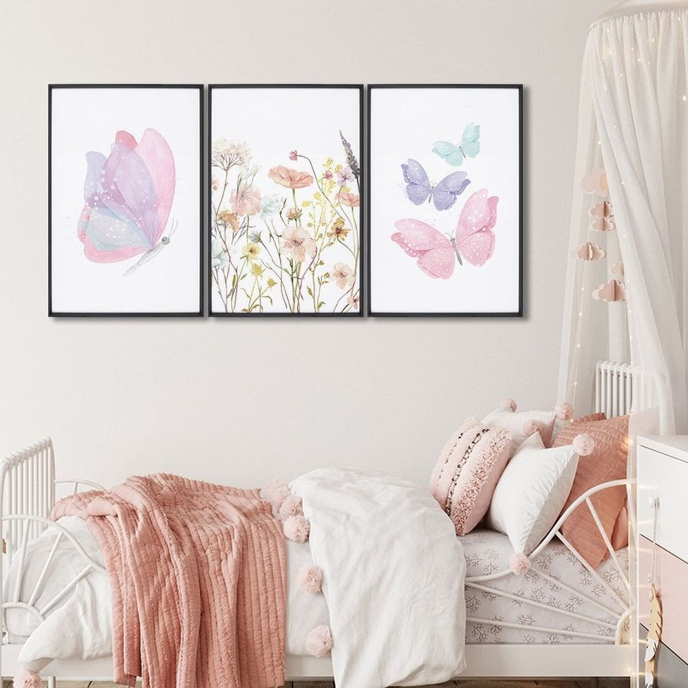 Quadro Infantil Decorativo Flores e Borboletas com 3 Telas Cm de Parede para Quarto Sala Brinquedote Preto