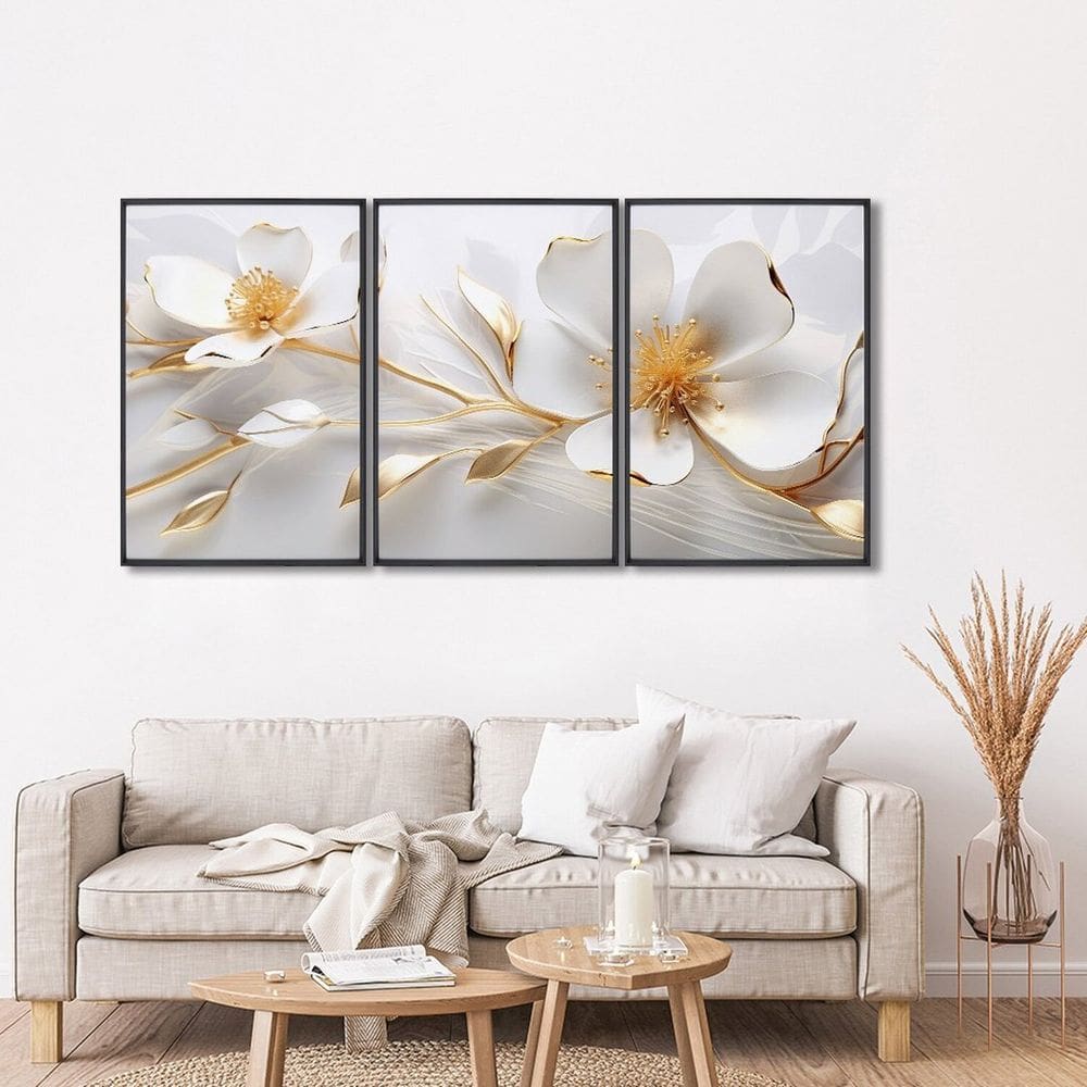 Quadro Decorativo Modelo Floral com 3 Telas de Parede para Sala Quarto Escritório 60cm X 90cm Branco