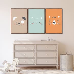 Quadro Infantil Decorativo Rostinhos do Bem Gato Cachorro Tigre com 3 Telas Cm de Parede para Quarto Marrom