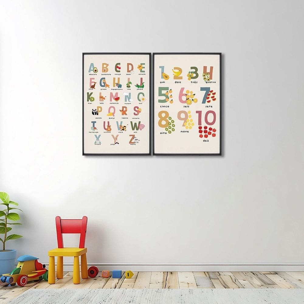 Quadro Decorativo Alfabeto Didático Infantil com 2 Telas de Parede para Quarto Sala Brinquedoteca 60 Preto