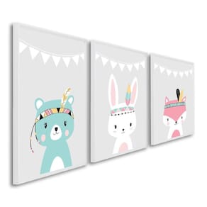 Quadro Decorativo Amigos da Natureza Infantil com 3 Telas Cm de Parede para Quarto Sala Brinquedotec Branco