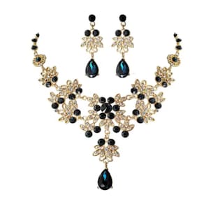 Conjunto Colar e Brincos Strass Brilho Preto Luxo