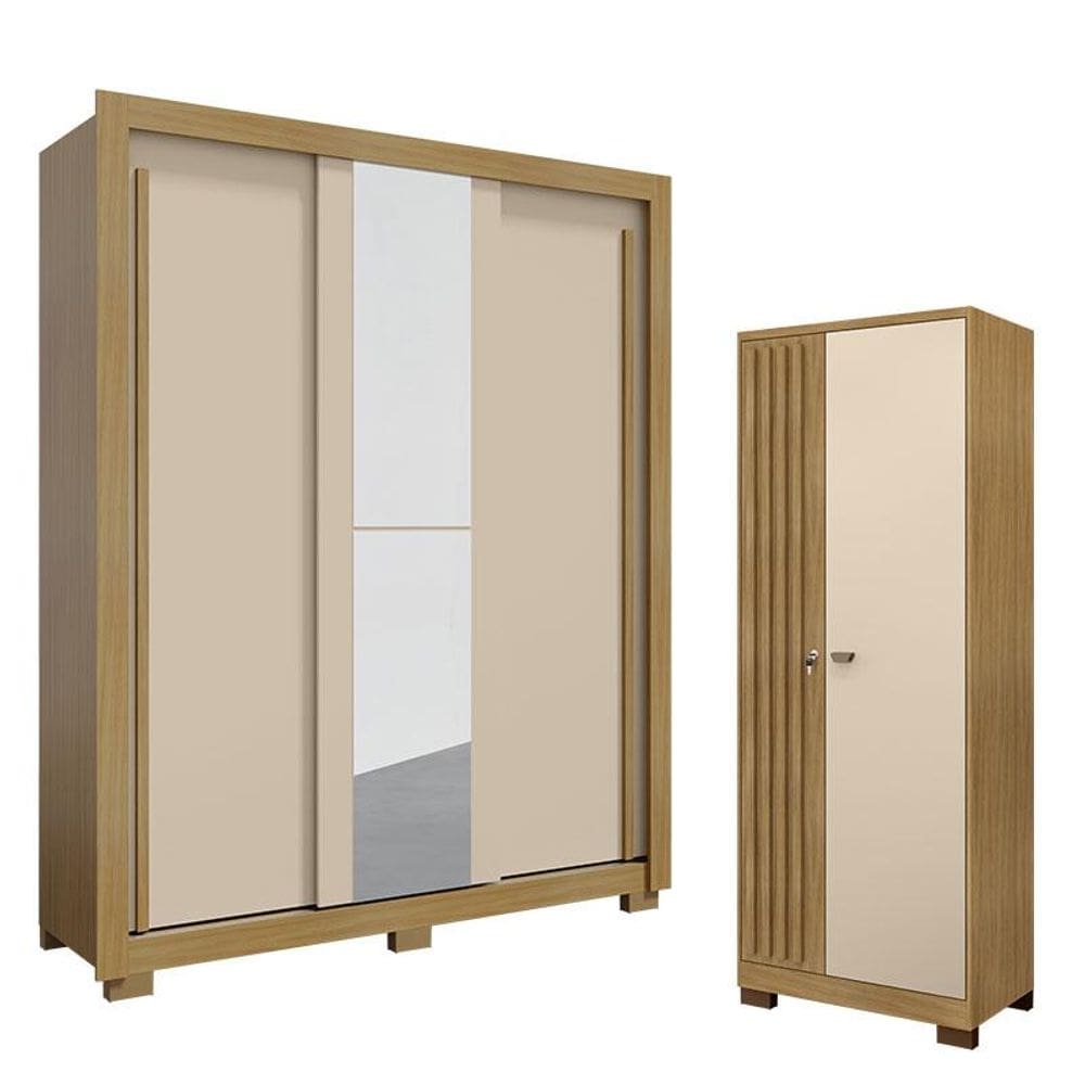 Guarda Roupa Nevoa Flex 3 Portas com Espelho e Armário Multiuso Versátile com Chave Carvalho Americano Off White - Incorplac