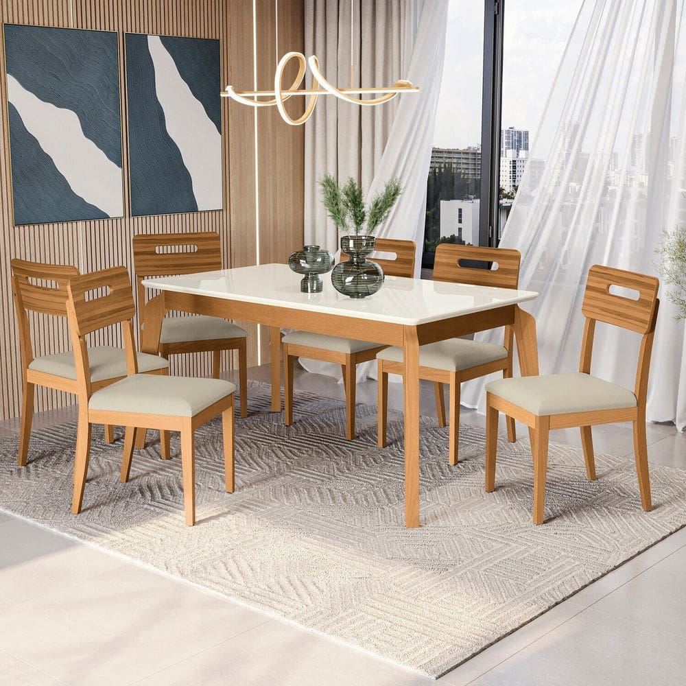 Conjunto Mesa Petra com 6 Cadeiras Madeira Maciça Bege