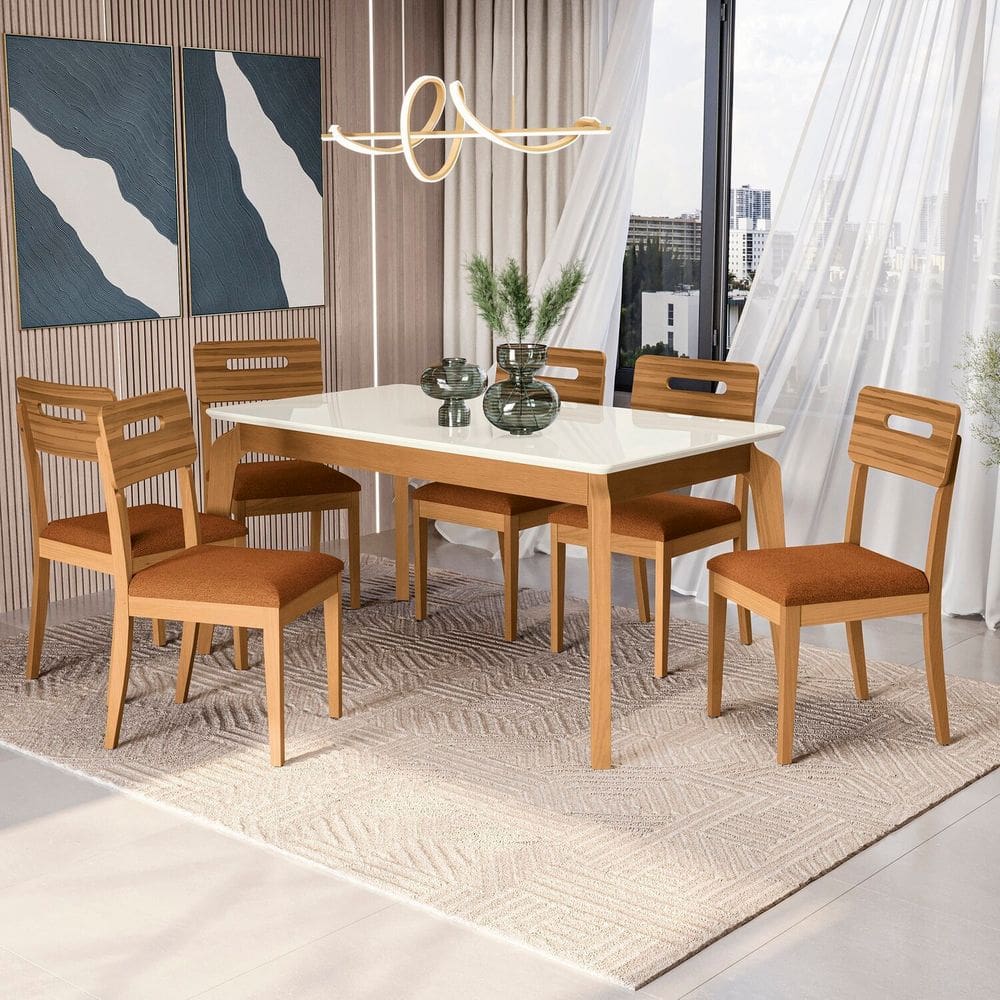 Conjunto Mesa Petra com 6 Cadeiras Madeira Maciça Terracota