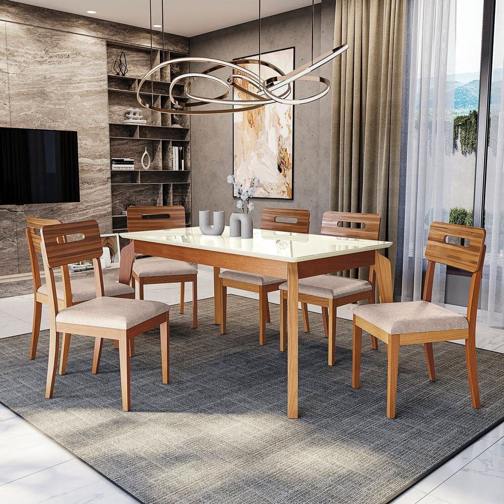 Conjunto Mesa Petra com 6 Cadeiras Madeira Maciça Bege