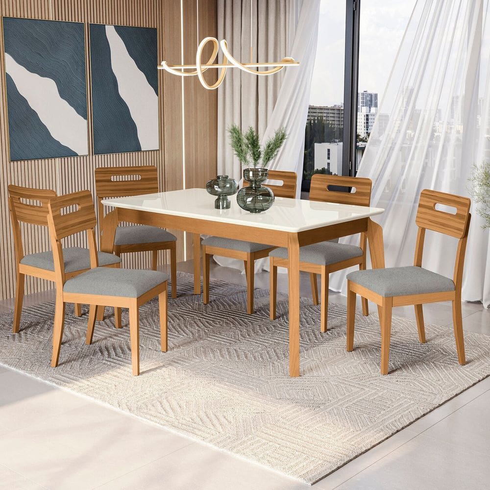 Conjunto Mesa Petra com 6 Cadeiras Madeira Maciça Cinza