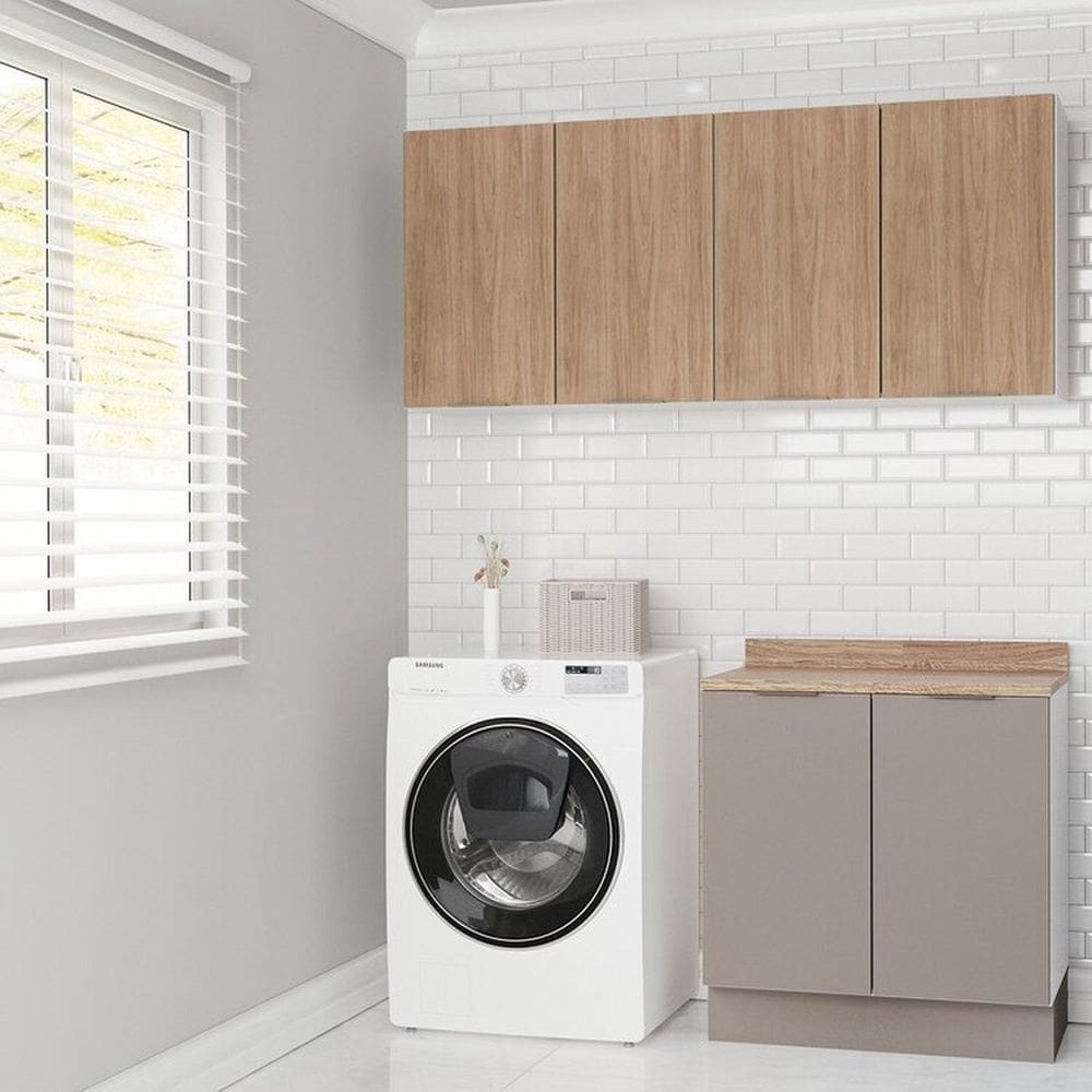 Lavanderia Modulada 3 Peças 2 Armários Aéreos 1 Balcão 2 Portas Ipanema Cabecasa Madeiramadeira Cinza/Acácia