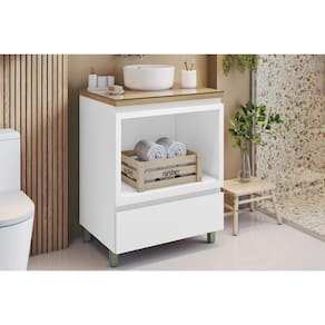 Gabinete de Banheiro Balcão Rainha c/ 1 Gaveta e 1 Nicho 70cm Branca/Nature - Nesher