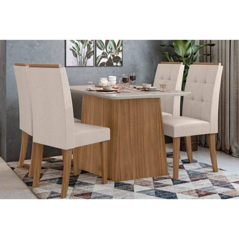 Sala de Jantar Completa Nevada Tampo Madeirado 130cm e 4 Cadeiras Celebrare Amendoa/Off White - Suede Creme - Lopas