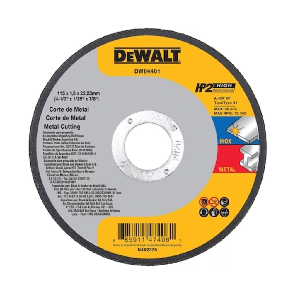 Disco De Corte Inox Hp2 4-1/2x1,0mmx7/8 DW84401 DeWalt - Unica Unico