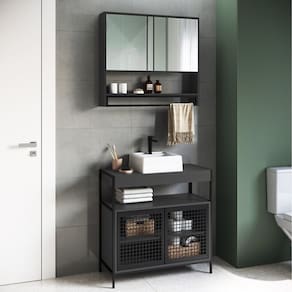 Gabinete de Banheiro Industrial de Chão 80cm P1038 com Cuba Sobrepor e Espelheira Preto/Grafite