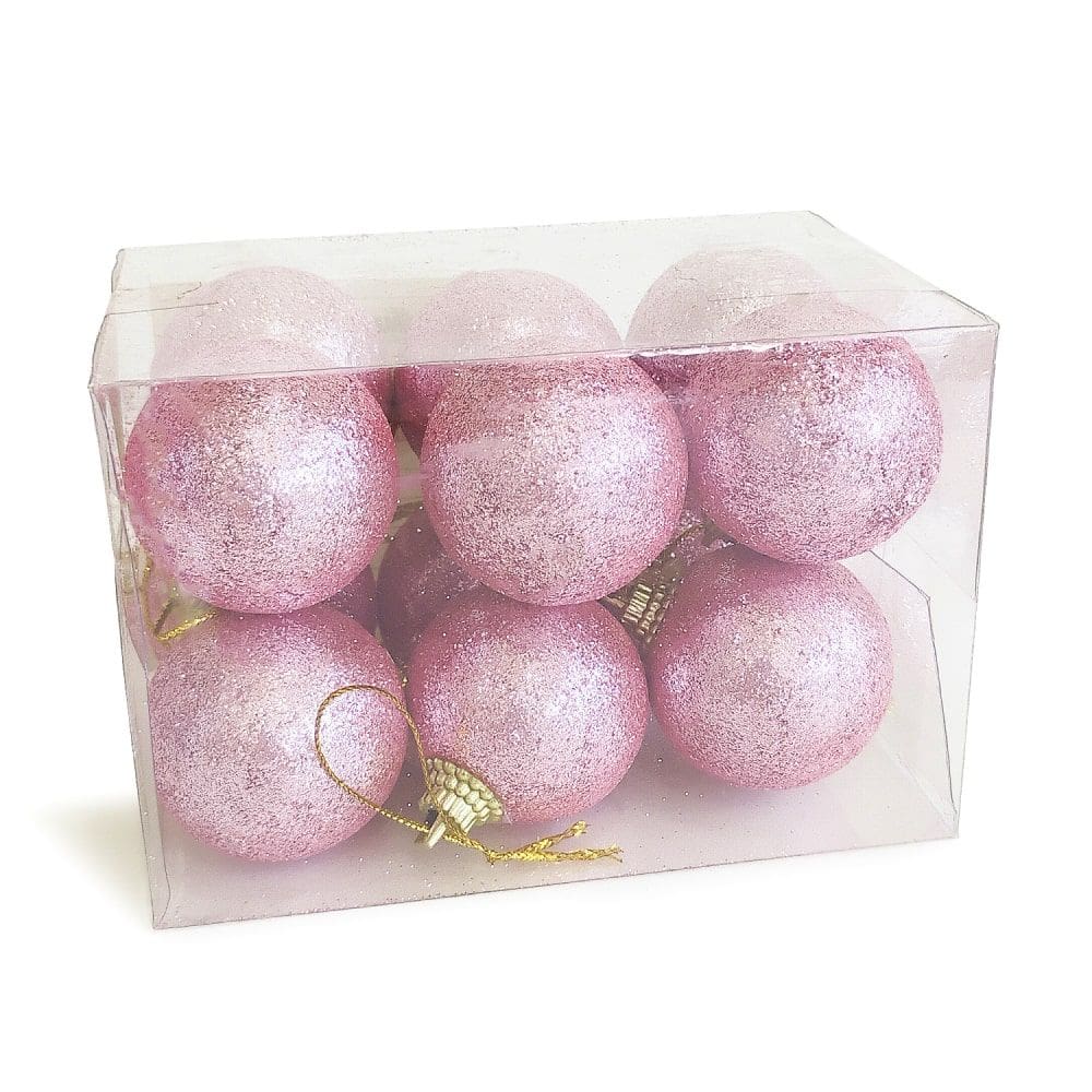 Mini Bolas Rosa de Natal 4cm com Glitter Conjunto com 12 Unidades