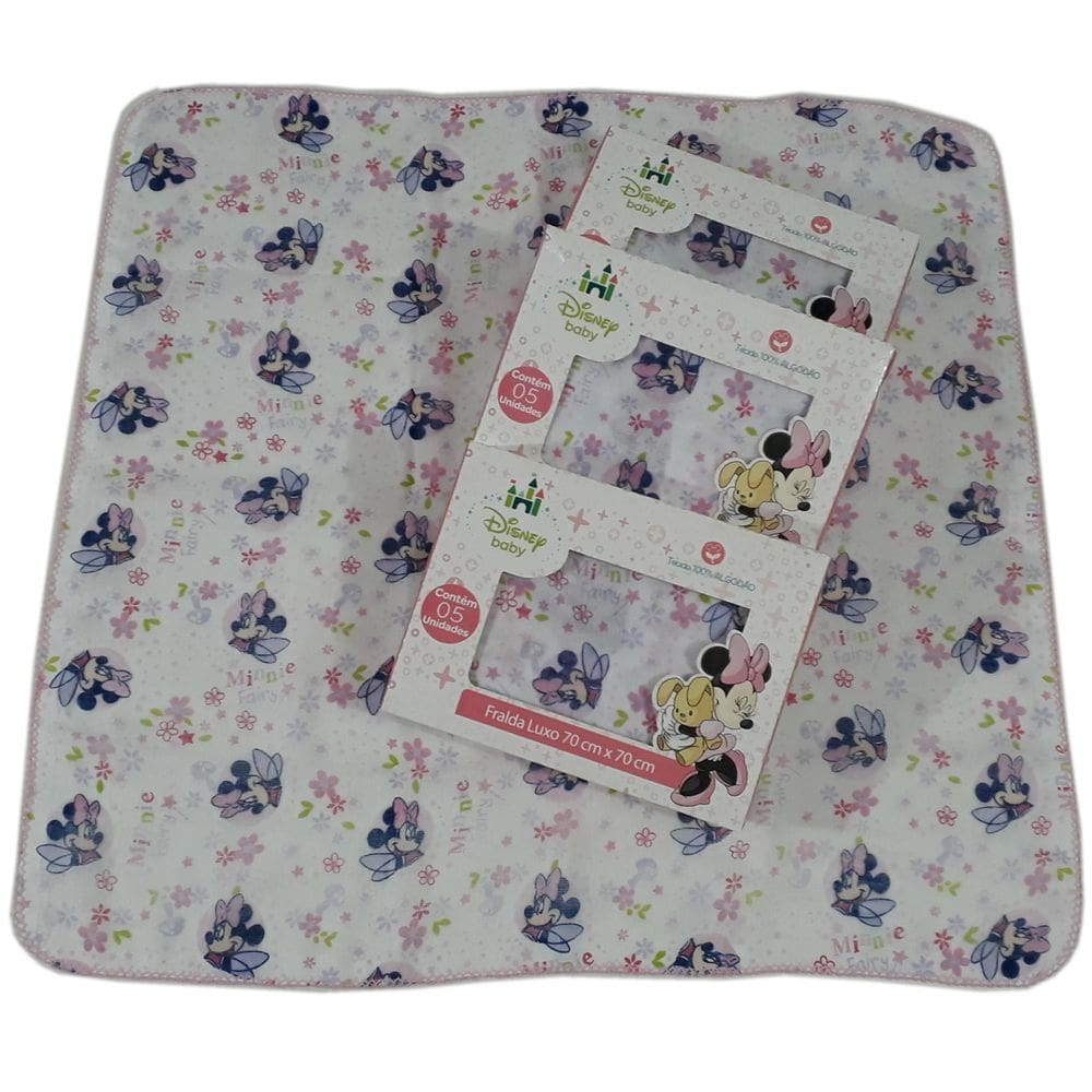 Kit 3 Fralda Disney 70X70Cm Estampada Com Croche Minnie