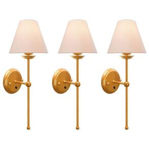 Kit 3 Arandelas Cúpula Tecido Algodão Interruptor Dourado