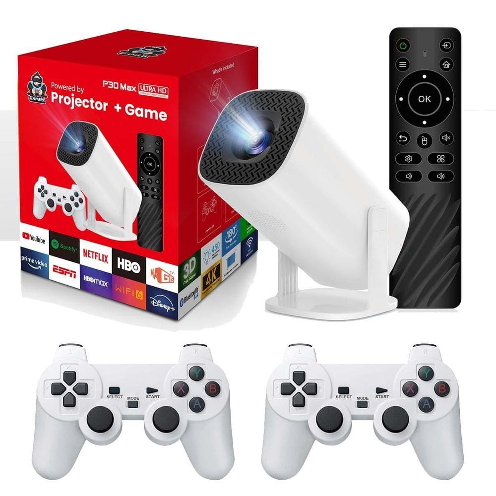 Projetor Android 4K Wifi 5Ghz 3800 Jogos Retro 2 Controles