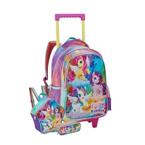 Kit Escolar Mochila Rodas + Lancheira + Estojo Rainbow