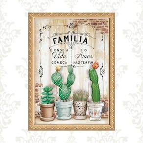 Quadro Moldura Dourada Frase Família - Cactos 24X18Cm