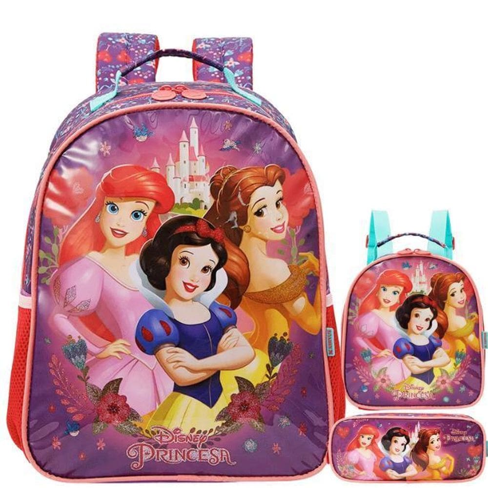 Kit Mochila Escolar Princesas Castelo Costas Tam G Infantil